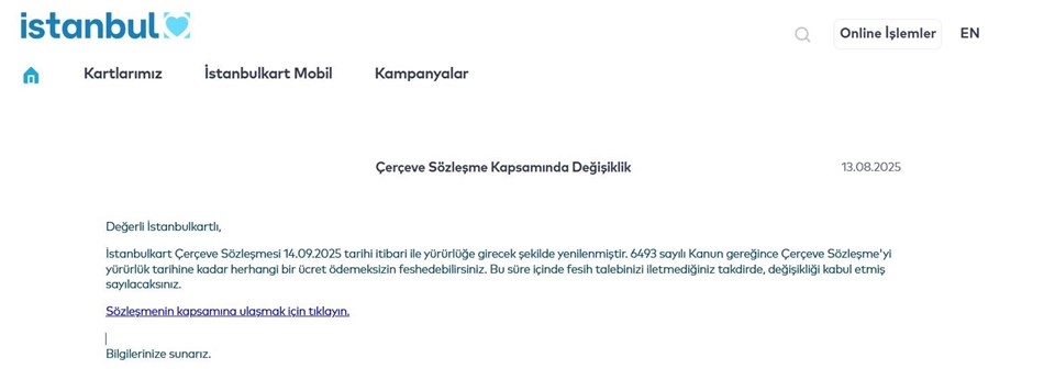Çerçeve Sözleşme Kapsamında Değişiklik (İstanbulkart Çerçeve Sözleşmesi nedir?) - 1