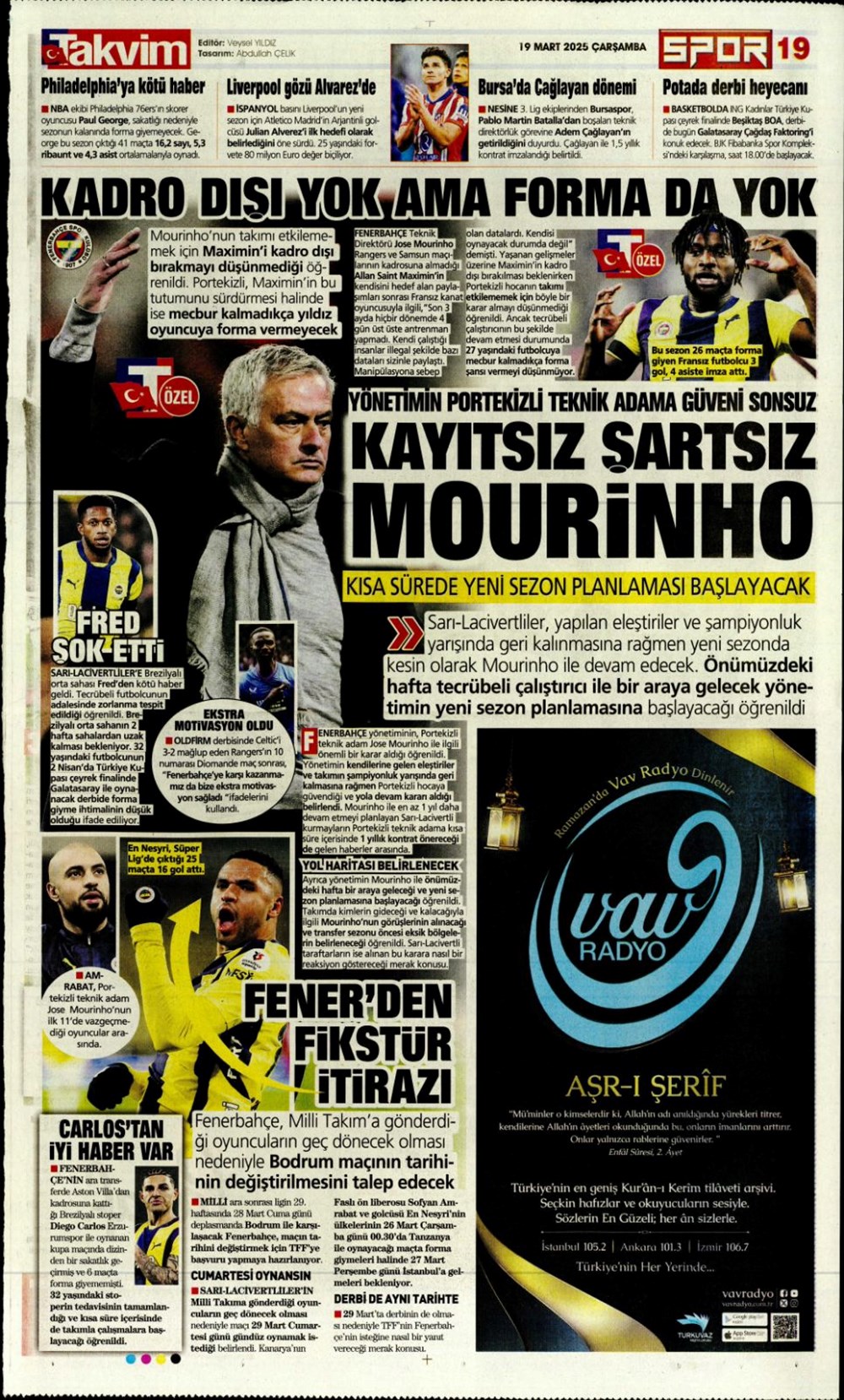 "Kayıtsız şartsız Mourinho" (19 Mart 2025 spor manşetleri) - 1