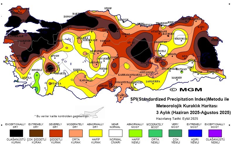 Son üç aylık dönemi kapsayan kuraklık haritasında yurdun büyük bölümünde şiddetli kuraklık etkili olduğu görülüyor. Trakya, Marmara ve Batı Karadeniz