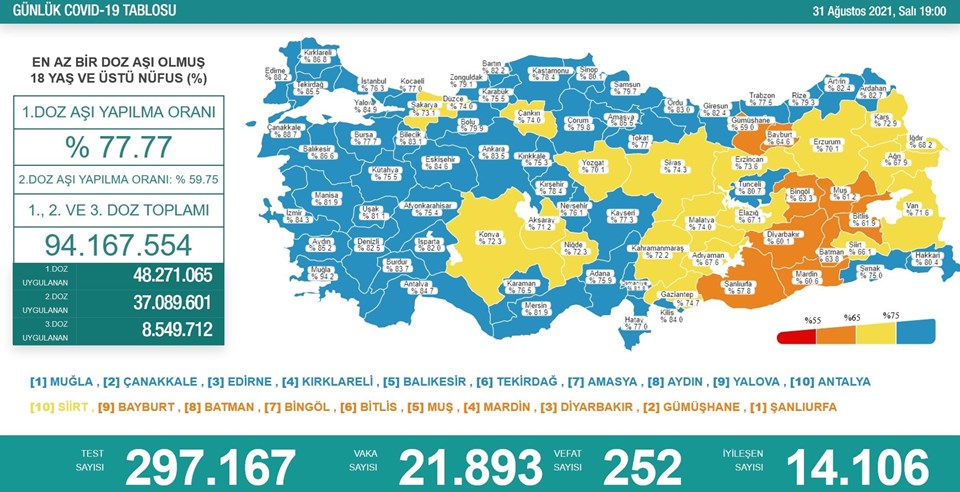 31 Ağustos 2021 corona virüs tablosu: 252 can kaybı, 21 bin 893 yeni vaka - 1