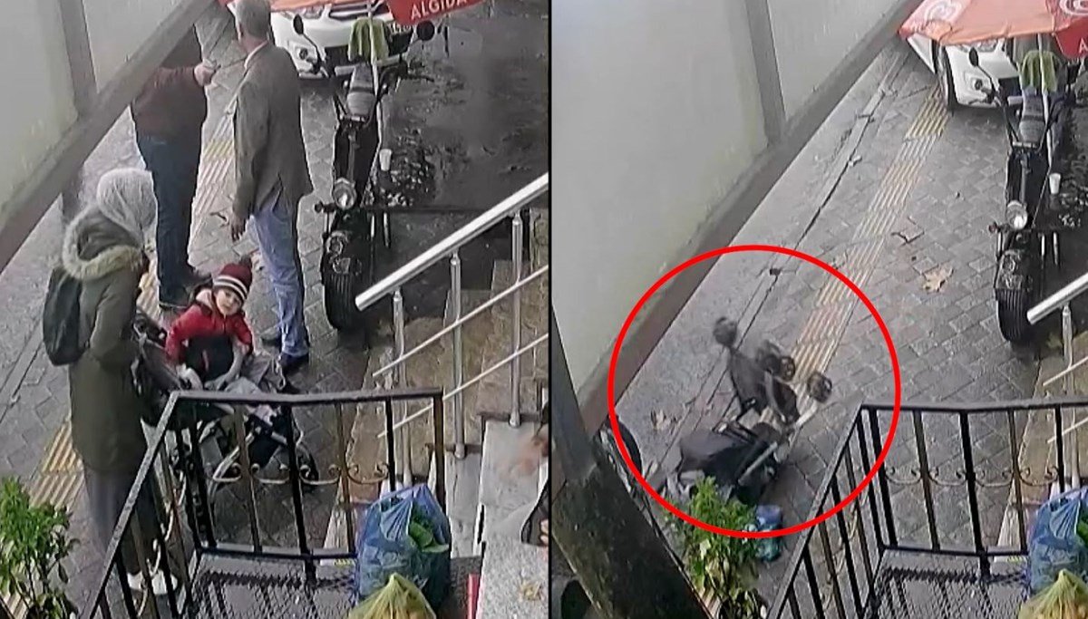 Bebek arabasındaki çocuk yola yuvarlandı