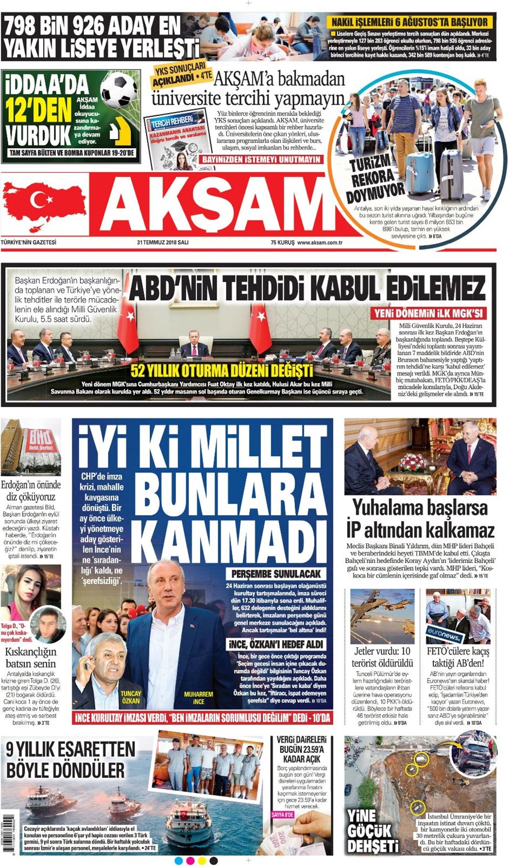 Günün gazete manşetleri 31 Temmuz 2018 Son Dakika Türkiye Haberleri