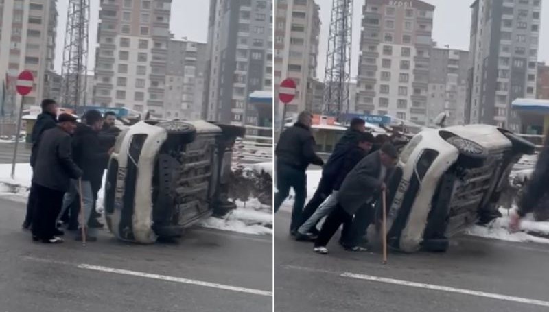 Vatandaşlardan kurtarma operasyonu! Yan yatan aracı iterek düzelttiler