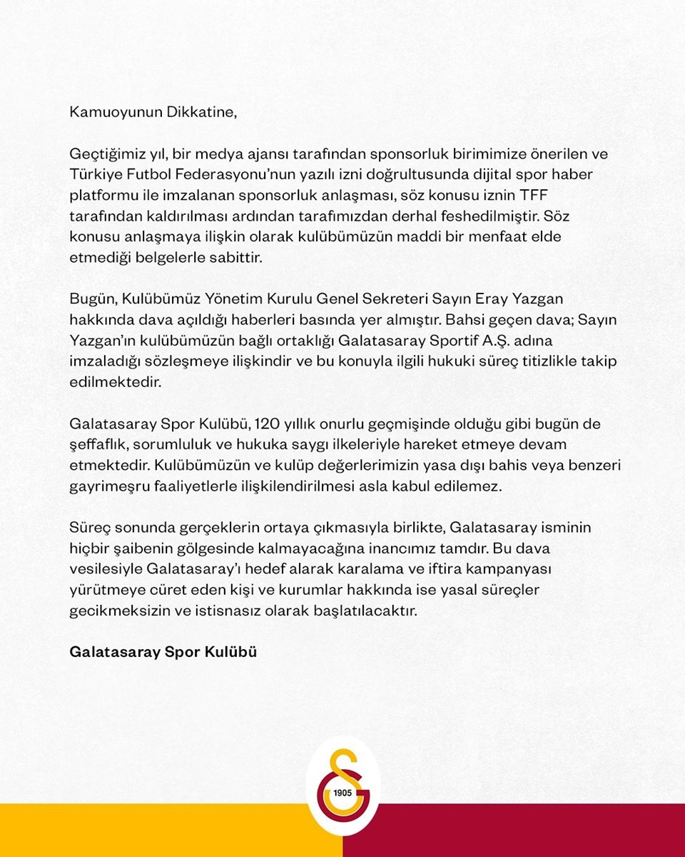 Galatasaray'dan yasa dışı bahis reklamı açıklaması - 1