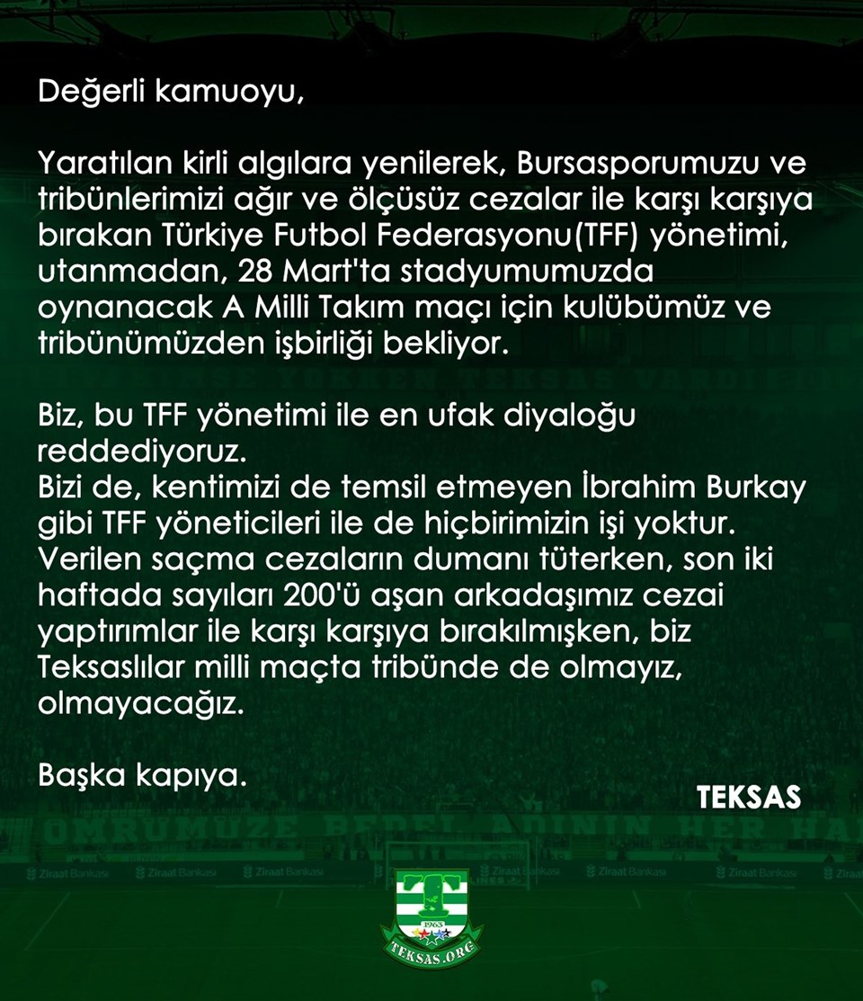 Bursaspor taraftar grubu Teksas'tan milli maç kararı: Tribünde olmayacağız - 1