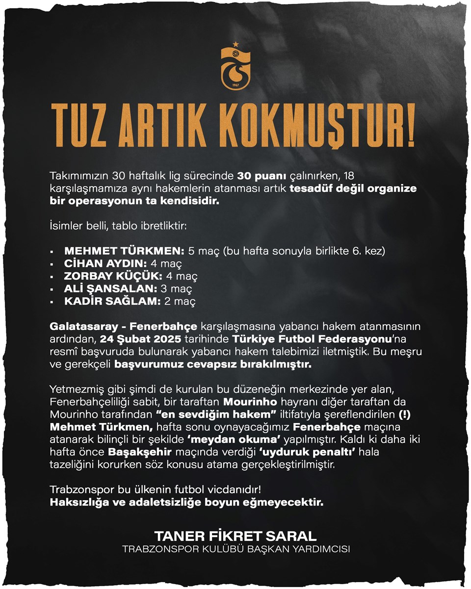 Trabzonspor'dan Fenerbahçe derbisine hakem tepkisi: 