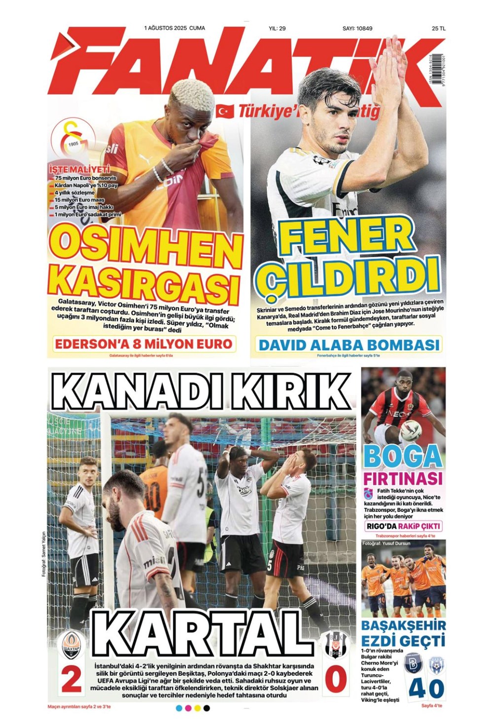 "Her yer karanlık" (1 Ağustos 2025 spor manşetleri) - 1