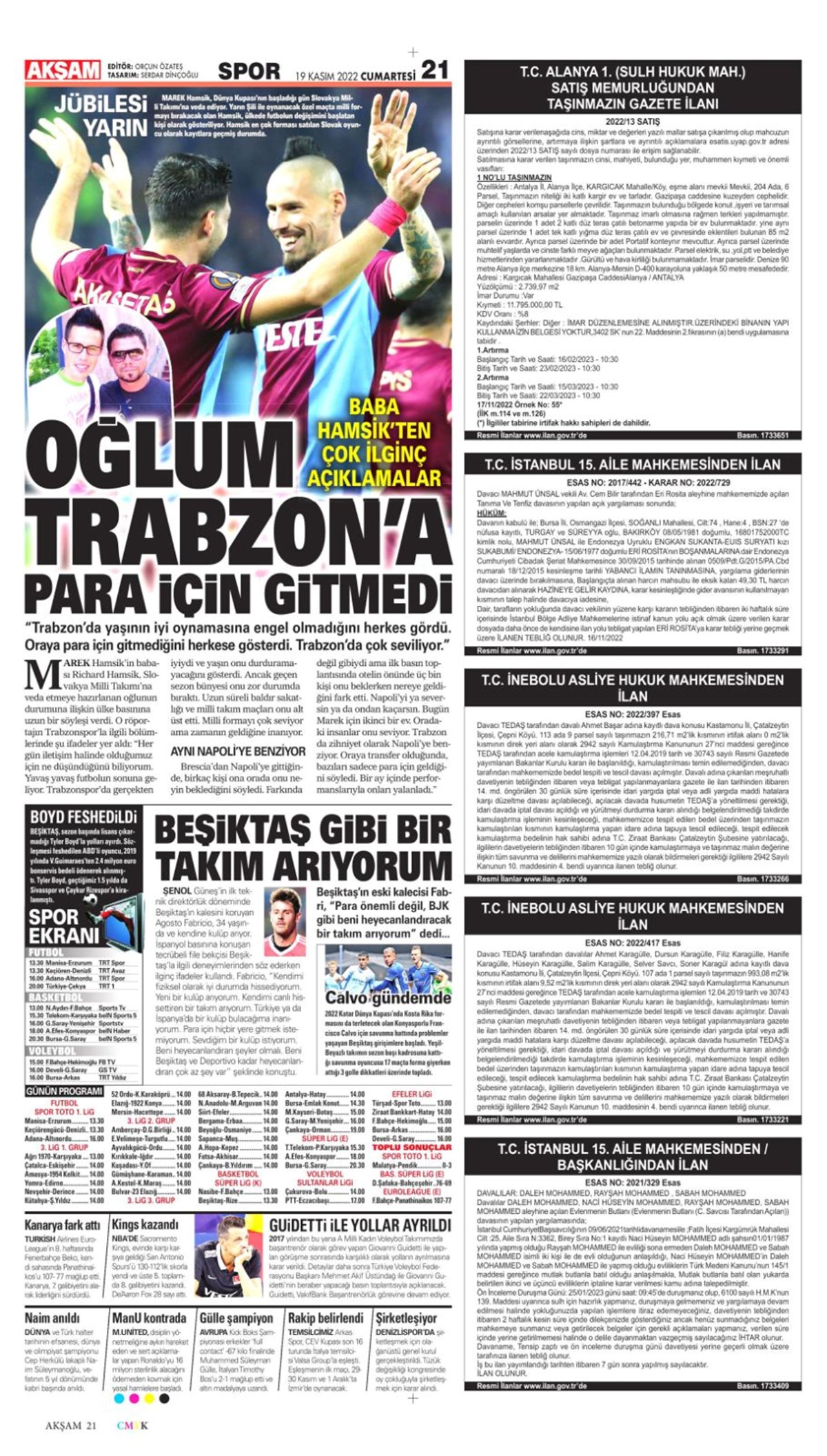 Günün spor manşetleri (19 Kasım 2022)