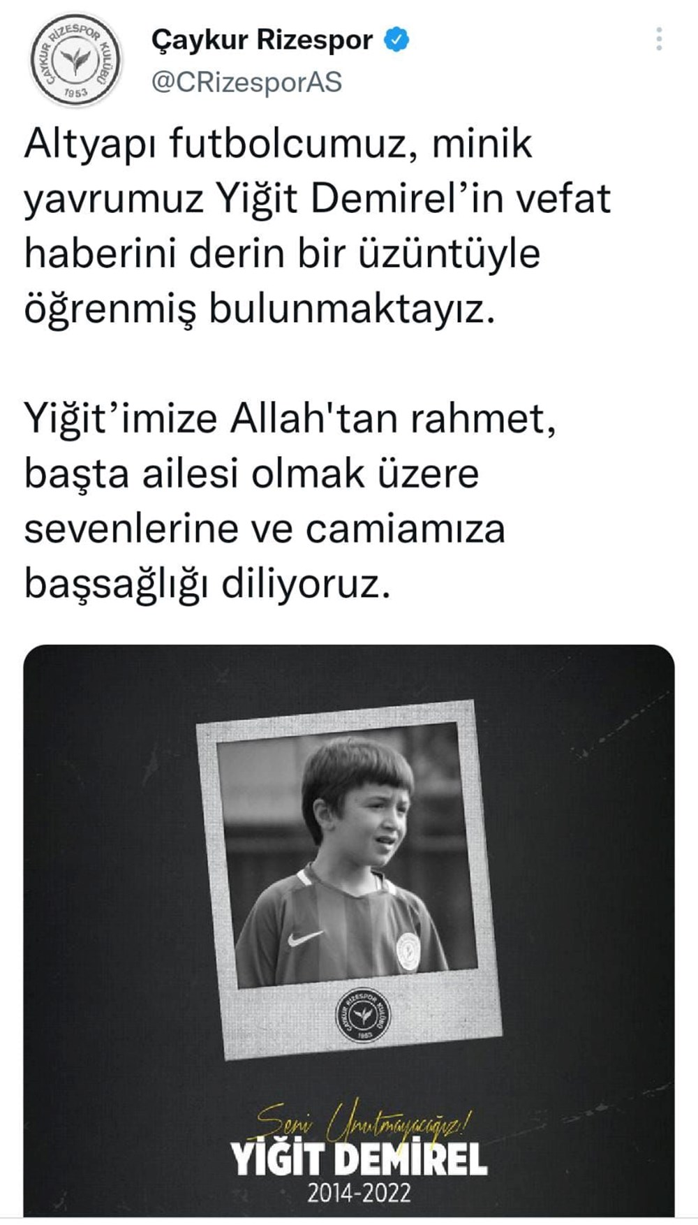 Kale direğinin devrilmesi sonucu hayatını kaybeden Çaykur Rizespor'un altyapı oyuncusu Yiğit Demirel için kulübünden ve TFF'den açıklama - 3