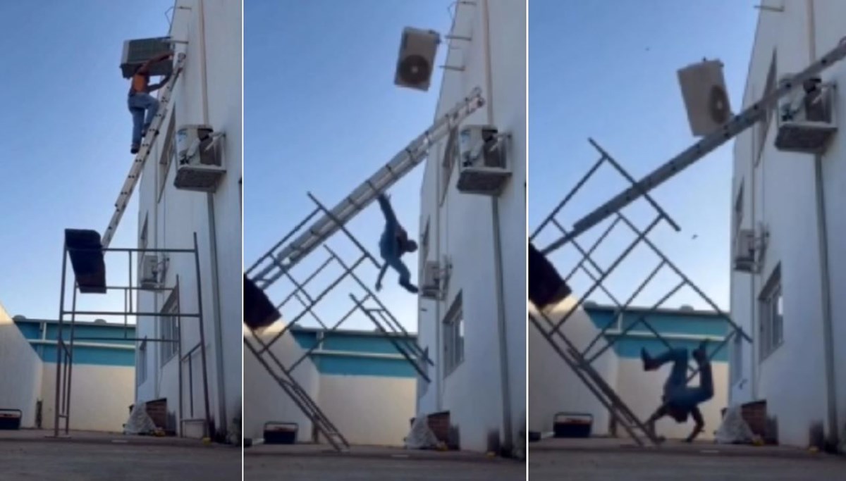 Merdivenden düşen ustanın üzerine klima devrildi