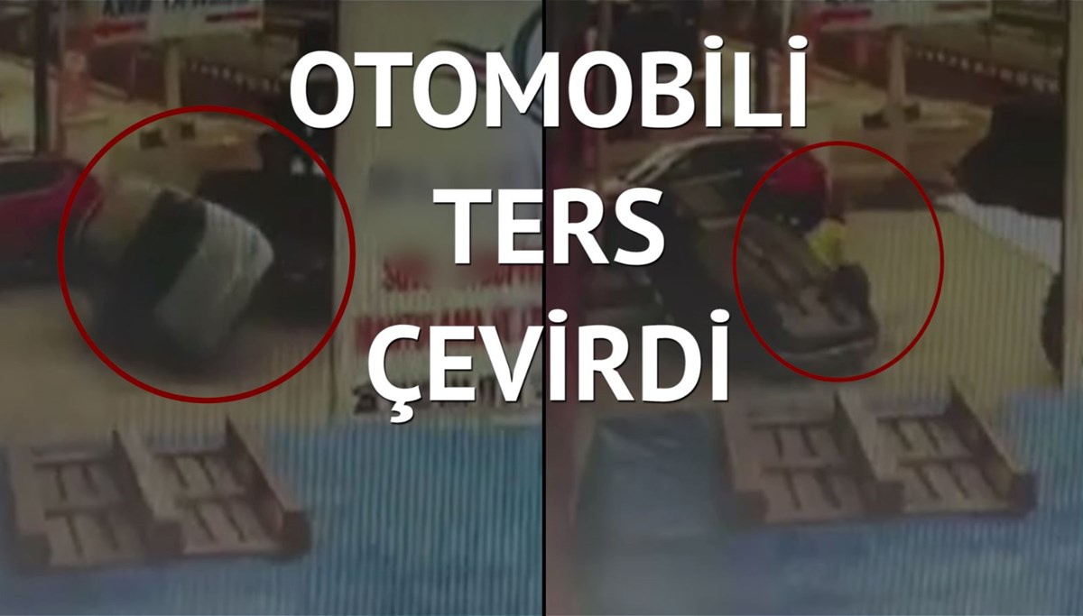 Kepçe operatörü, içinde sürücüsü olan otomobili ters çevirdi