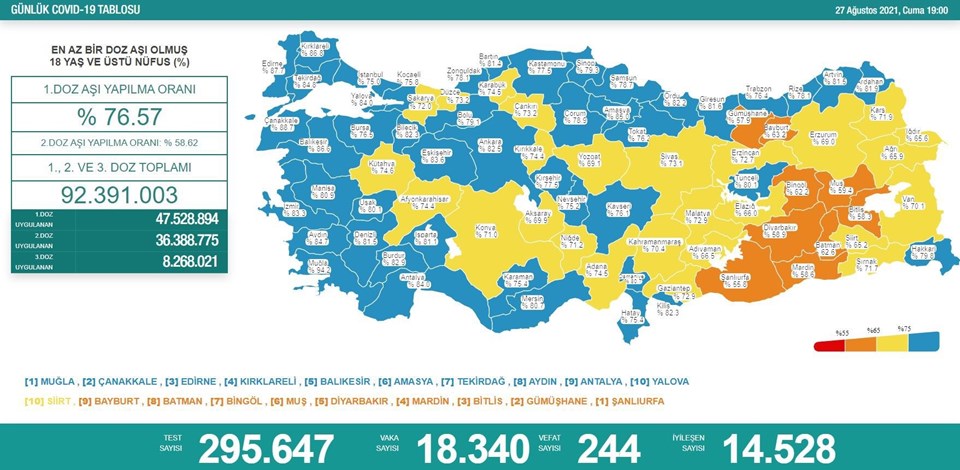 27 Ağustos 2021 corona virüs tablosu: 244 can kaybı, 18 bin 340 yeni vaka - 1