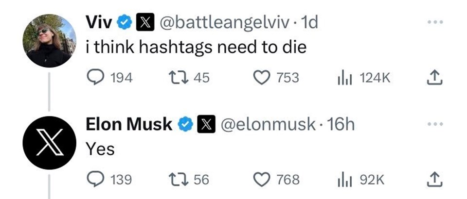 Elon Musk, X/Twitter'da hashtag özelliğini kaldırmayı düşünüyor - 1