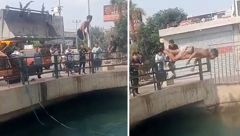 İş makinesinden sulama kanalına atladılar