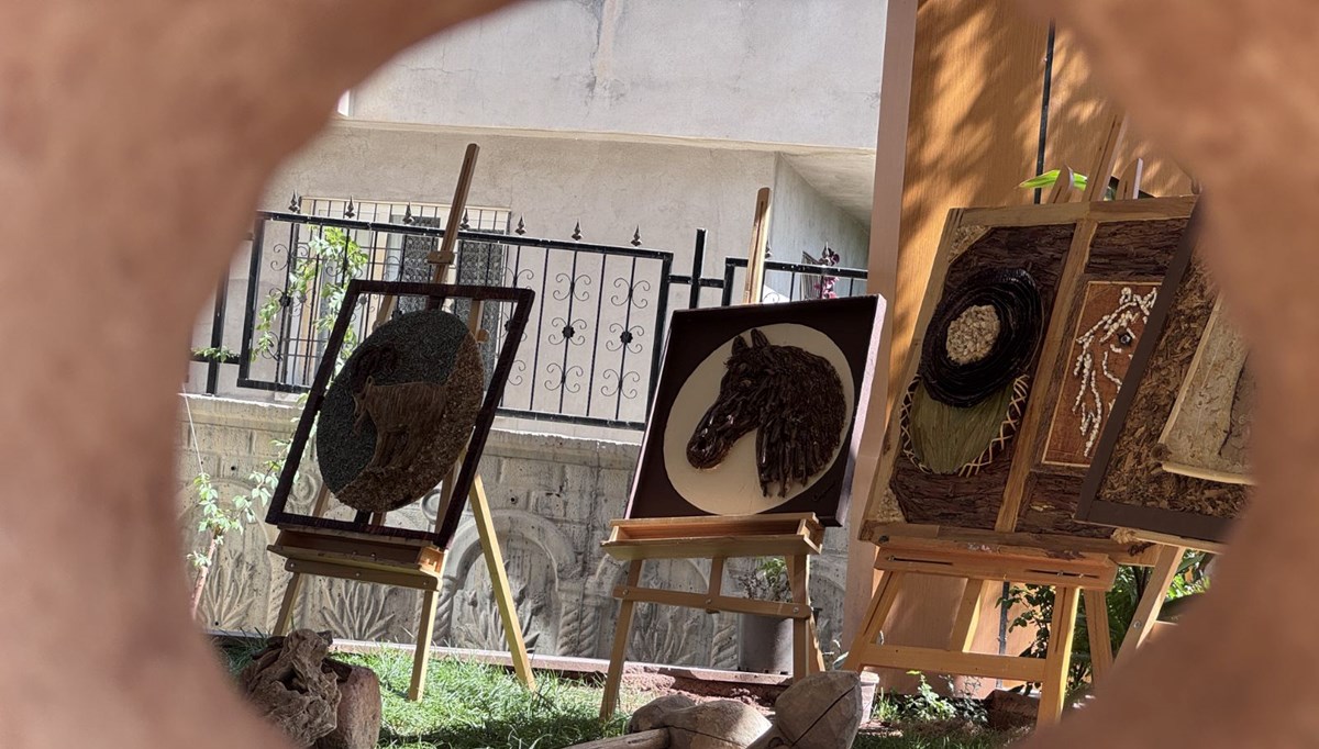 Doğa ve hayvan sevgisini taş, toprak, ağaç dalı gibi malzemelerle tuvale yansıtıyor