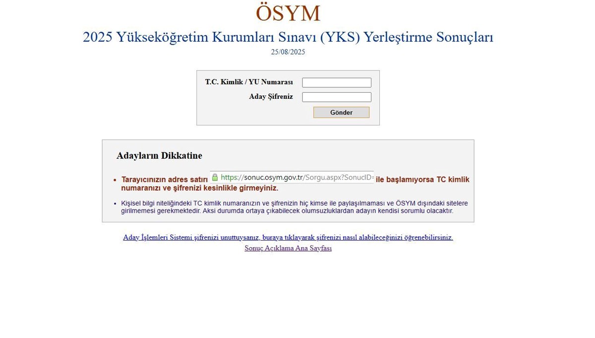 YKS tercih sonuçları 2025 açıklandı: ÖSYM YKS yerleştirme sonucu sorgulama ekranı