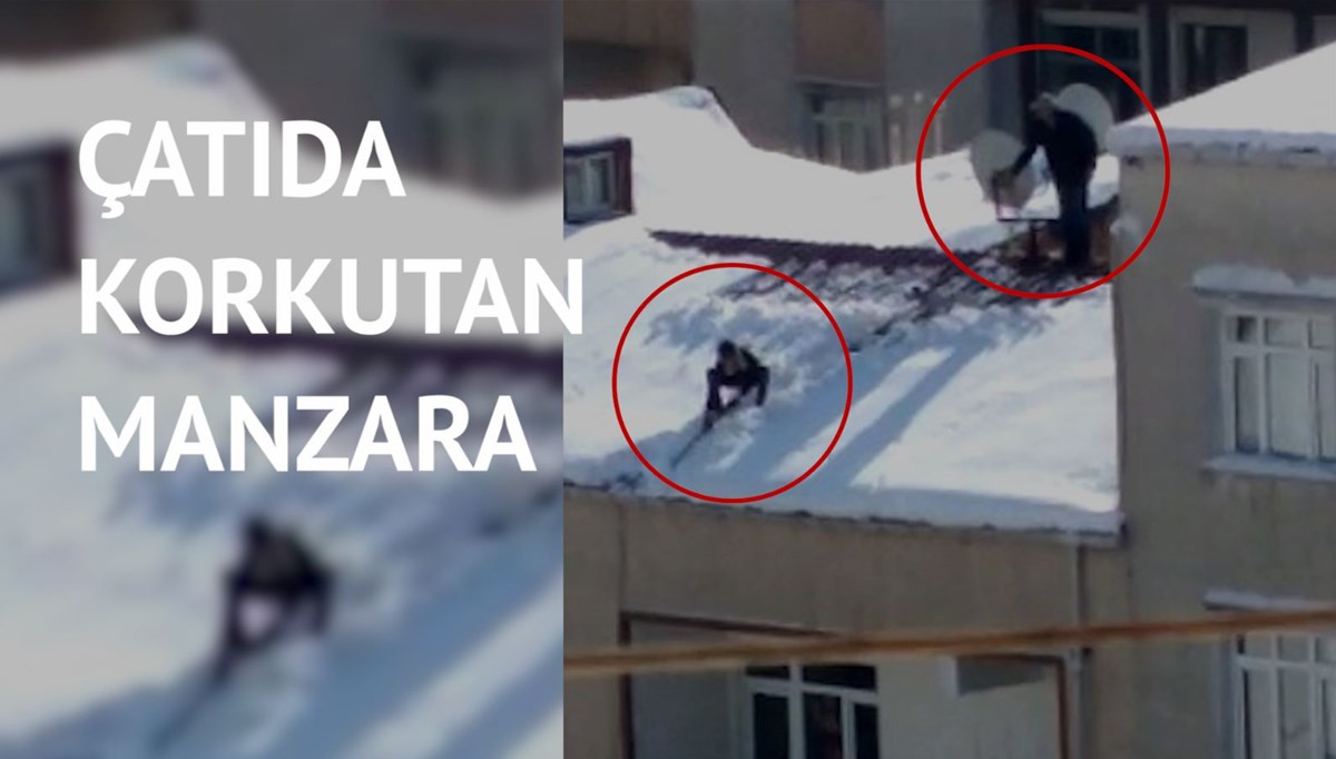 Çocuğu iple bağlayıp çatıdaki karı temizletti