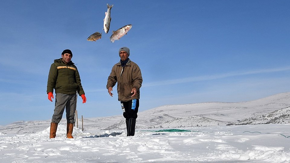 Donan Çıldır Gölü'nde eskimo usulü balık avlıyorlar - 1