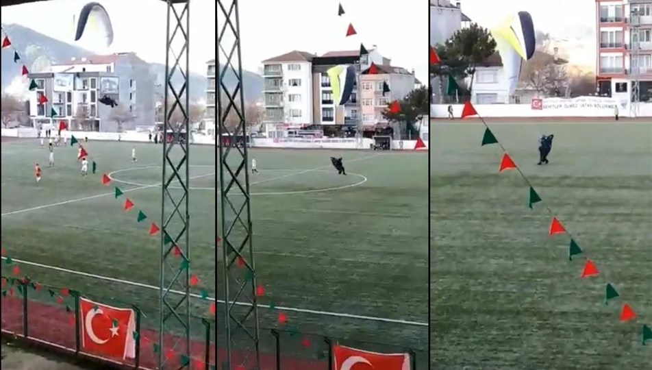 Bilecik'te maç sırasında sahaya paraşüt ile indi (Kırmızı kart gördü)