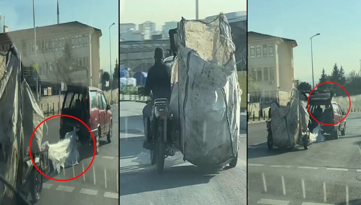 Motosikletli kağıt toplayıcısını böyle çektiler