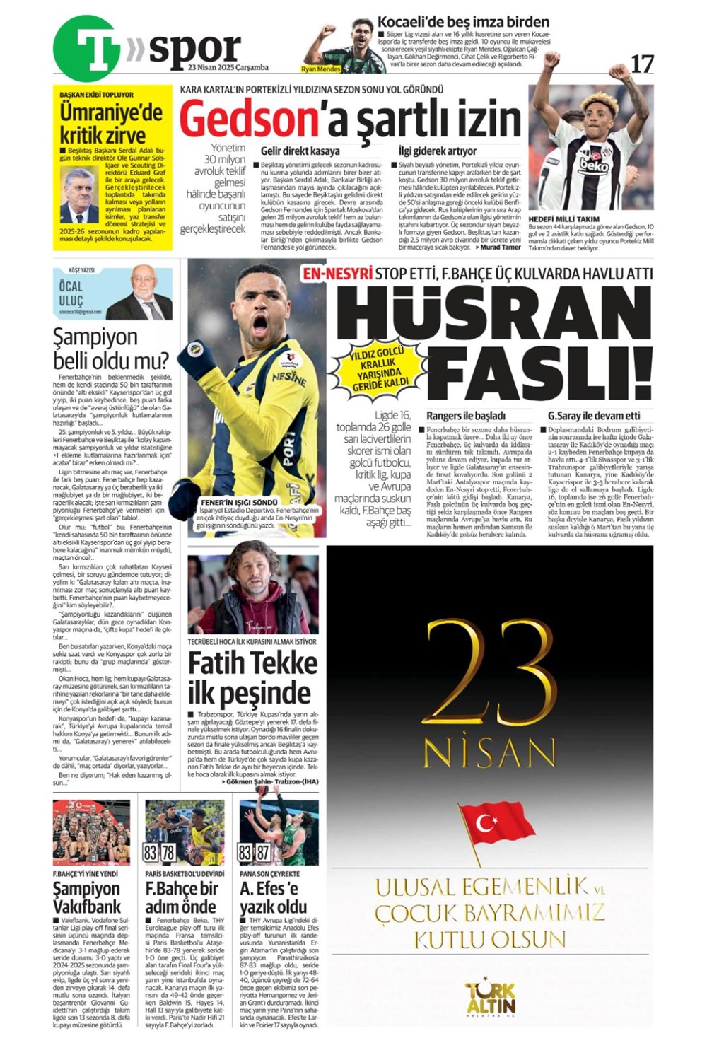 "Aslan finale kükredi" (23 Nisan 2025 spor manşetleri) - 33