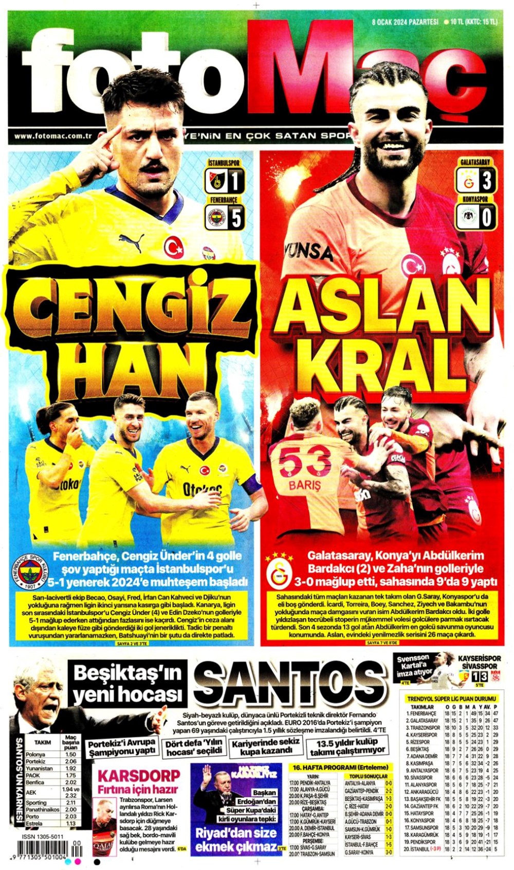 "Galatasaray, Fenerbahçe'nin peşini bırakmıyor" (8 Ocak 2024 spor manşetleri) - 1