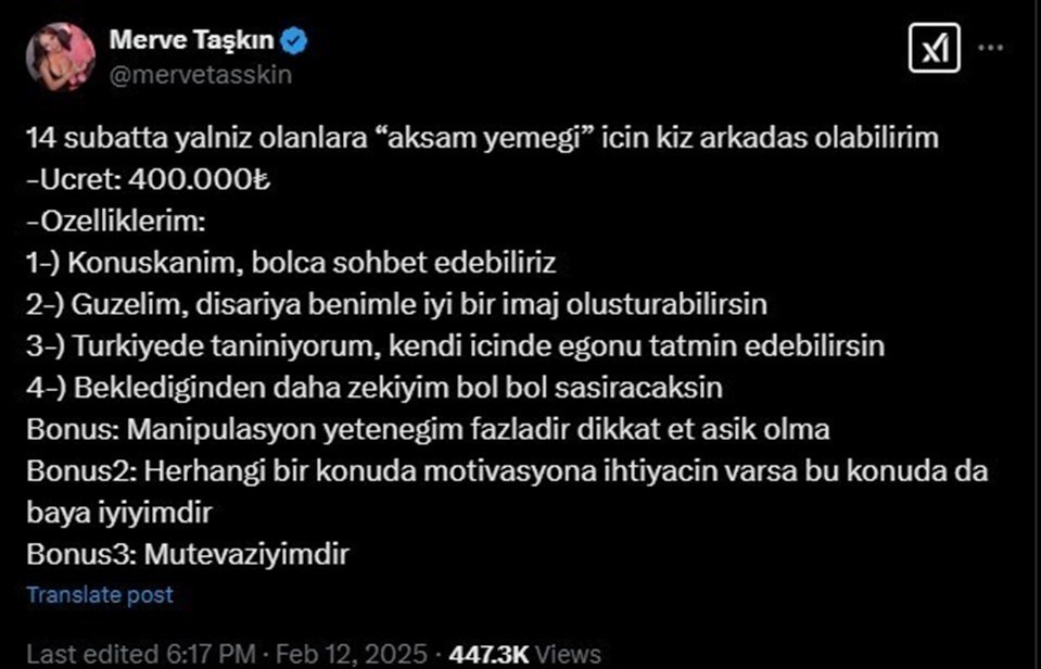 Taşkın, paylaşımında 400 bin TL karşılığında 14 Şubat