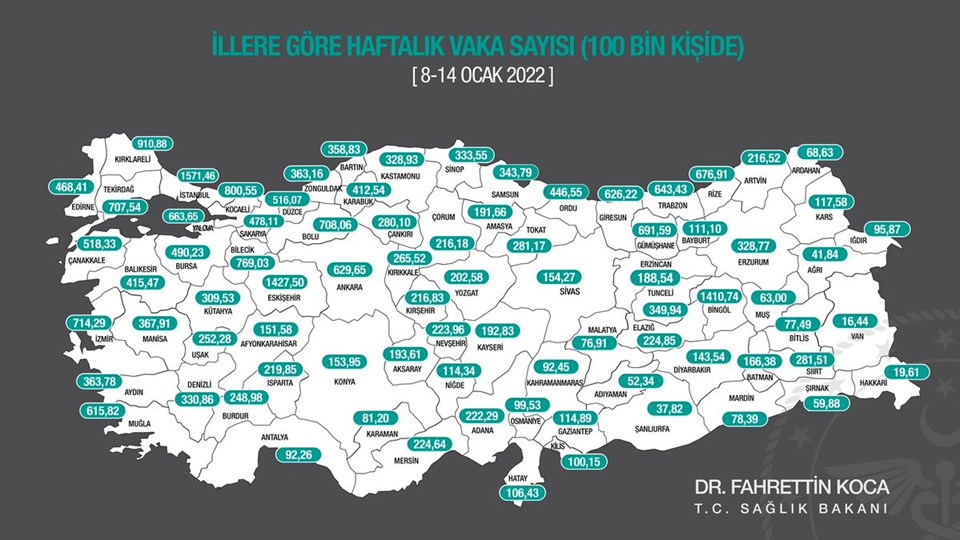 SON DAKİKA HABERİ: İllere göre haftalık vaka haritası açıklandı (8-14 Ocak 2022 Türkiye insidans haritası) - 1