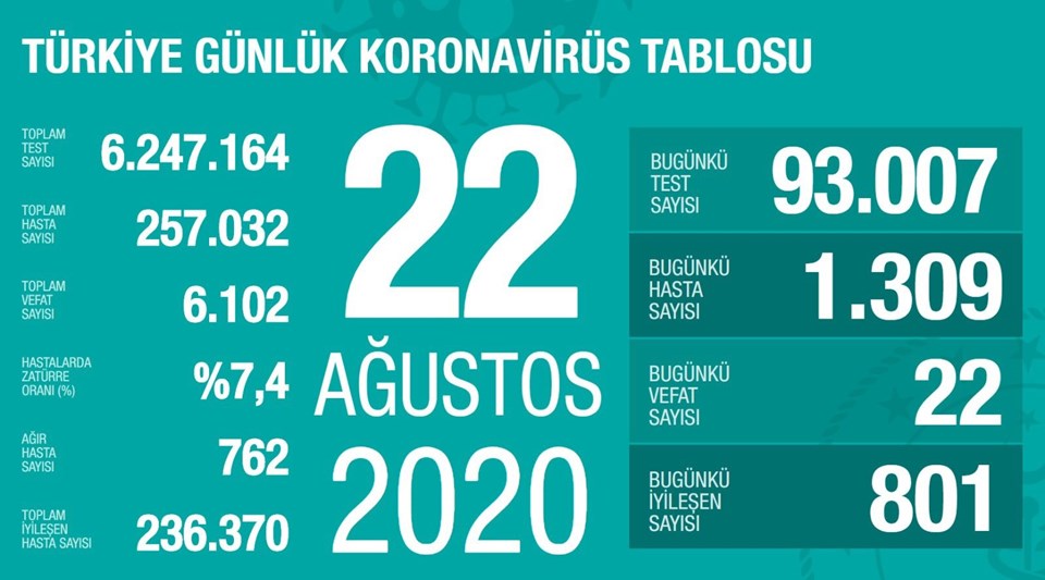 Türkiye'de corona virüsten son 24 saatte 22 can kaybı, bin 309 yeni vaka - 1