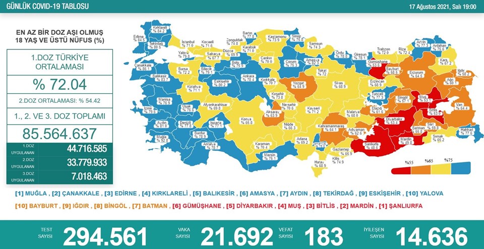 17 Ağustos 2021 corona virüs tablosu: 183 can kaybı, 21 bin 692 yeni vaka - 1