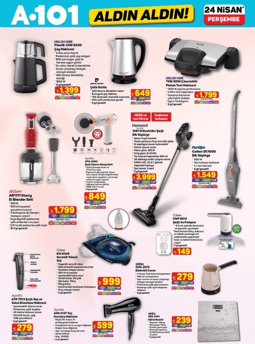 A101'de bu hafta yok yok! A101 aktüel katalog 24 Nisan: A101 marketlerde mesken gereçleri, beyaz eşya, dokuma eserleri, oyuncaklar, mobilya çeşitleri 80 UrNm4R BW0 T6IMz4 NueA