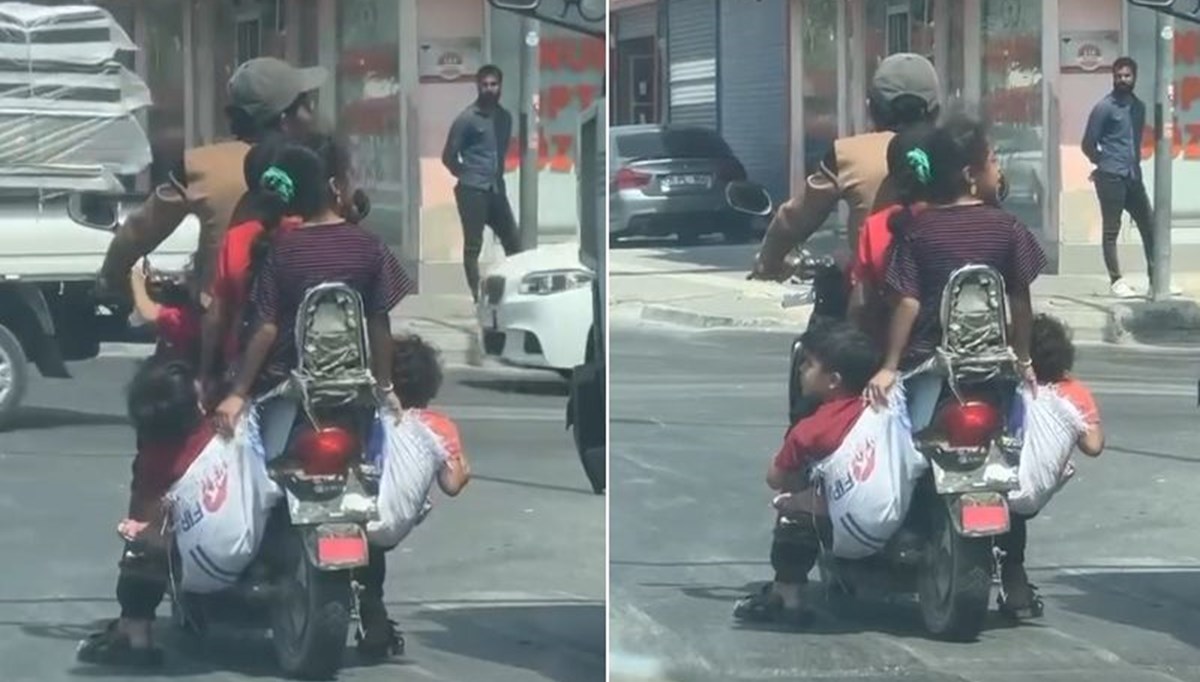 6 kişinin bindiği motosiklette çocuklar çuvalla taşındı 6 kişinin bindiği motosiklette çocuklar çuvalla taşındı