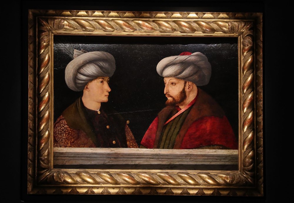 Double oil portrait depicting Sultan Mehmed II alongside a younger unknown dignitary, attributed to the workshop of Gentile Bellini, circa 1481.