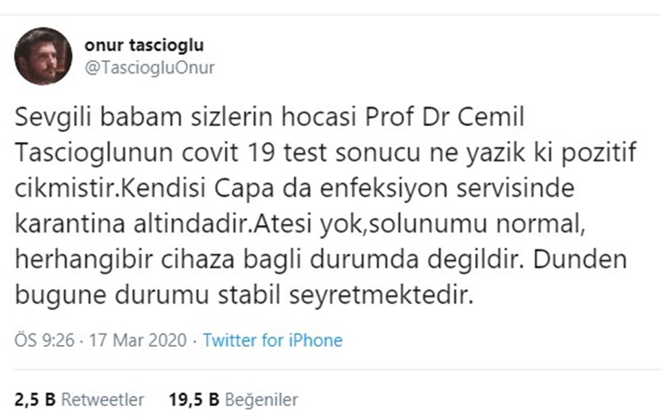 Prof. Dr. Cemil Taşçıoğlu'nun corona testi pozitif çıktı - 1