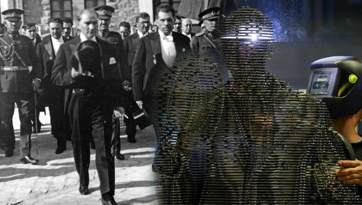 Atatürk'ün TBMM'nin açılışındaki selamlama fotoğrafı çelik heykelle ölümsüzleştirildi Atatürk'ün TBMM'nin açılışındaki selamlama fotoğrafı çelik heykelle ölümsüzleştirildi