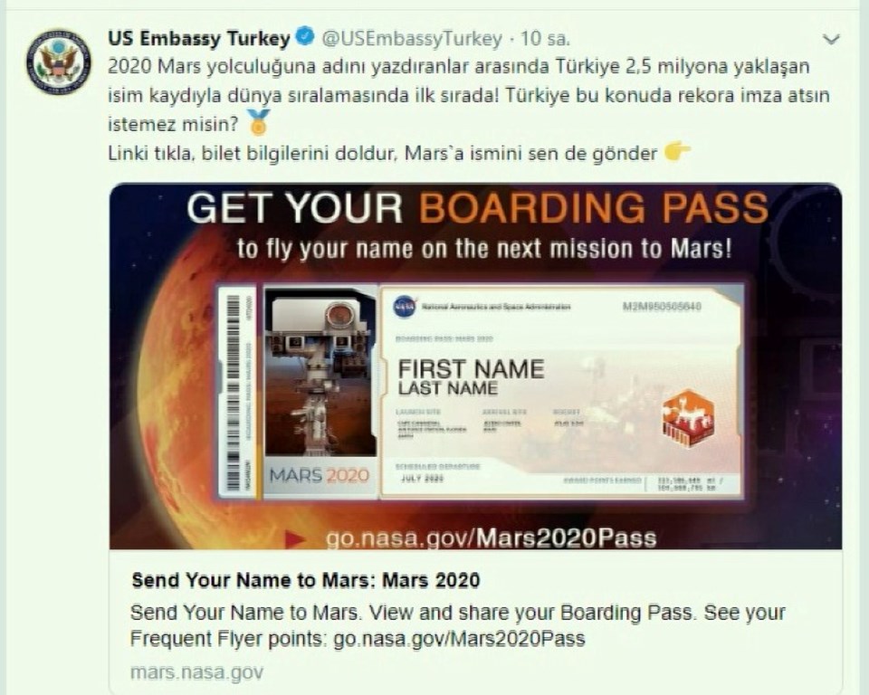 2.5 milyon Türk ismini Mars’a göndermek istiyor (8 milyon kişi başvurdu) - 2