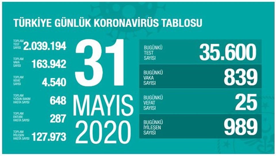 SON DAKİKA HABERİ: 31 Mayıs corona virüs tablosu: 24 saatte 25 can kaybı - 1