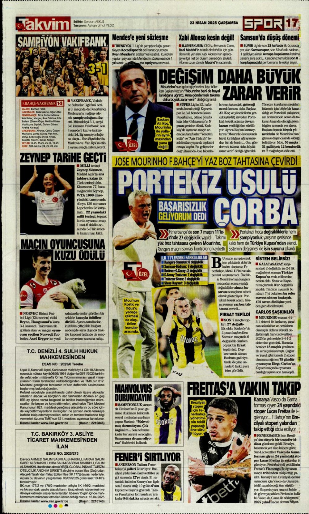 "Aslan finale kükredi" (23 Nisan 2025 spor manşetleri) - 29