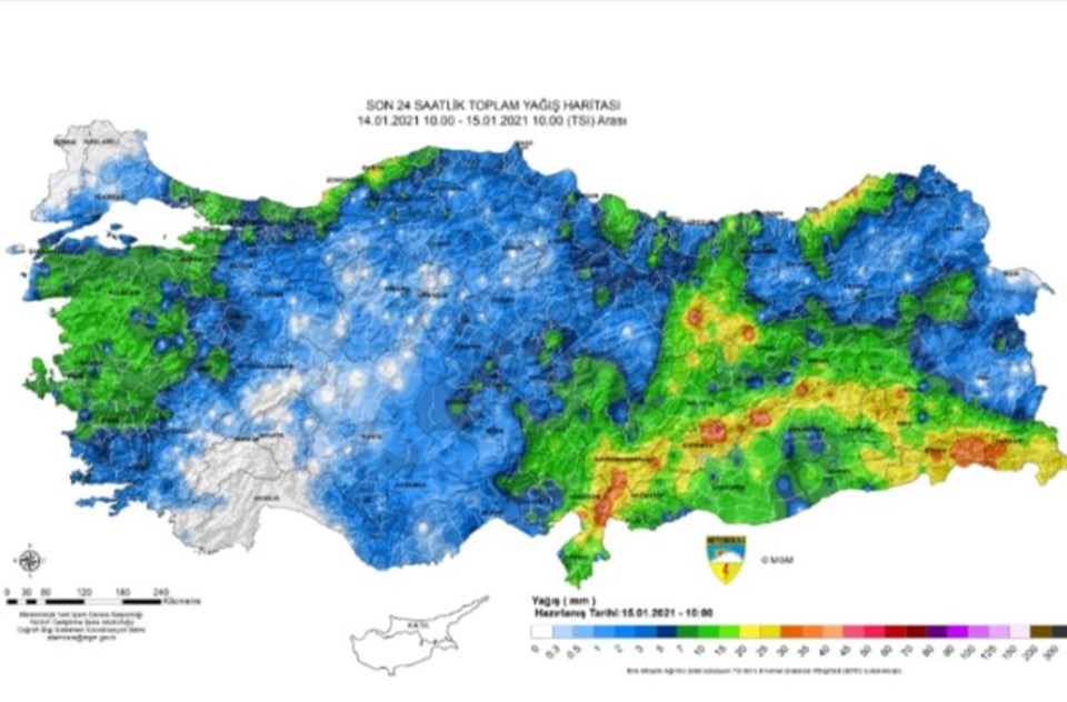 Meteoroloji Genel Müdürlüğünün verilerine göre; Türkiye'nin son 24 saatte aldığı yağış miktarı. 