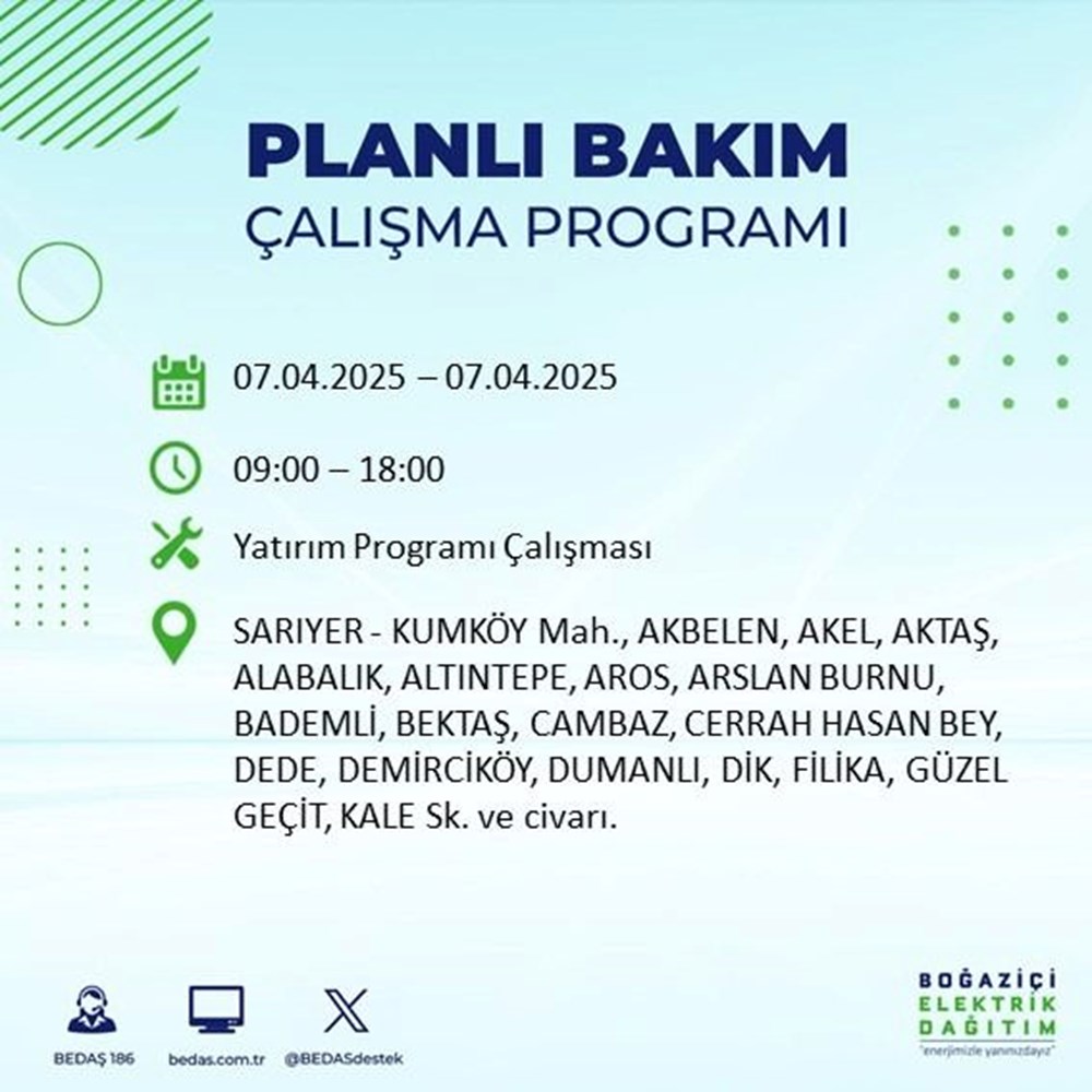 İstanbul'un 21 ilçesinde elektrik kesintisi: Elektrikler ne vakit gelecek? 9 saat sürecek (7 Nisan BEDAŞ kesinti programı) 107 WaO185TO50GVYJgg ptv3Q