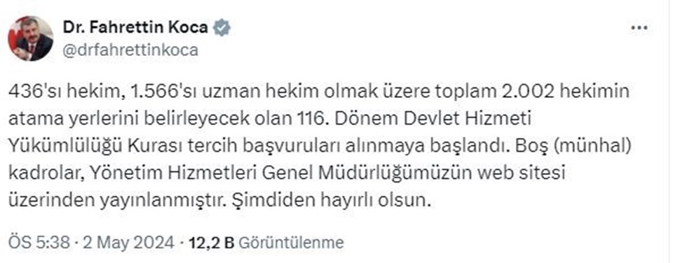 116. Dönem Devlet Hizmeti Yükümlülüğü (DHY) Kurası tercih başvuruları başladı: Boş (münhal) kadrolar yayınlandı - 1