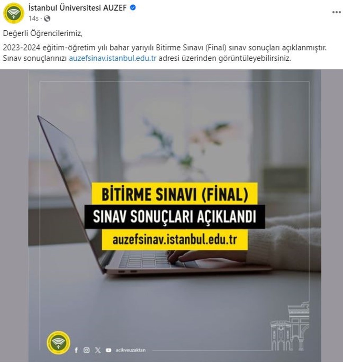 AUZEF bitirme sınavı final sınavı sonuçları açıklandı (AUZEF final sonuç sorgulama)