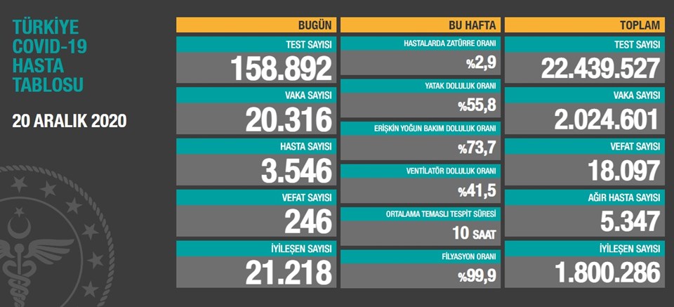 20 Aralık 2020 corona virüs tablosu: 246 can kaybı, 20 bin 316 vaka - 1