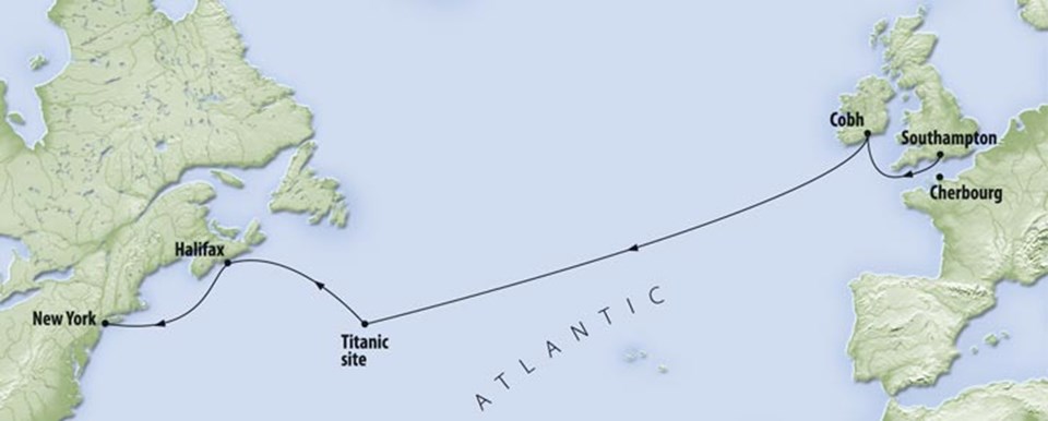 На какой где затонул титаник. Путь Титаника на карте. Путь корабля Титаник на карте. Путь Титаника на карте и место его крушения.