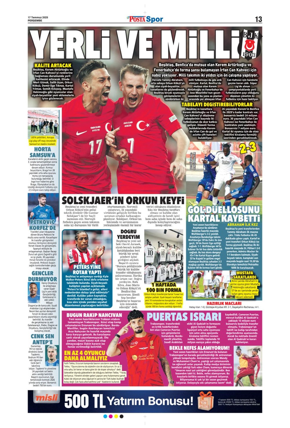 "Kerem'le ilk temas" (17 Temmuz 2025 spor manşetleri) - 1