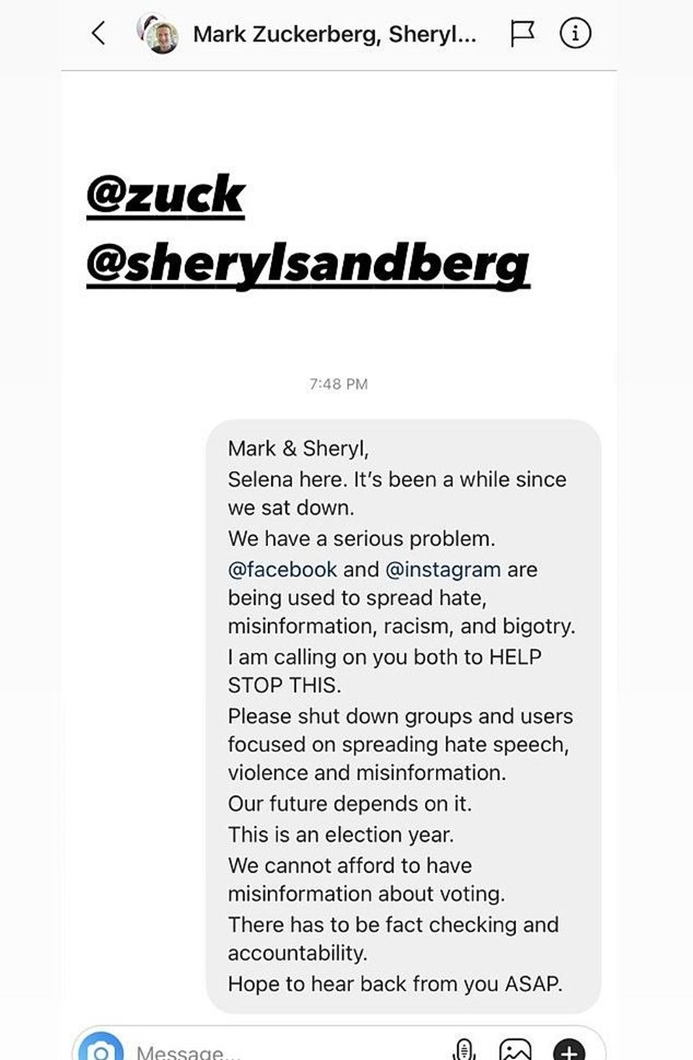 Selena Gomez’den Mark Zuckerberg’e mektup: Nefret dolu ve ırkçı
içerikleri durdur! - 2