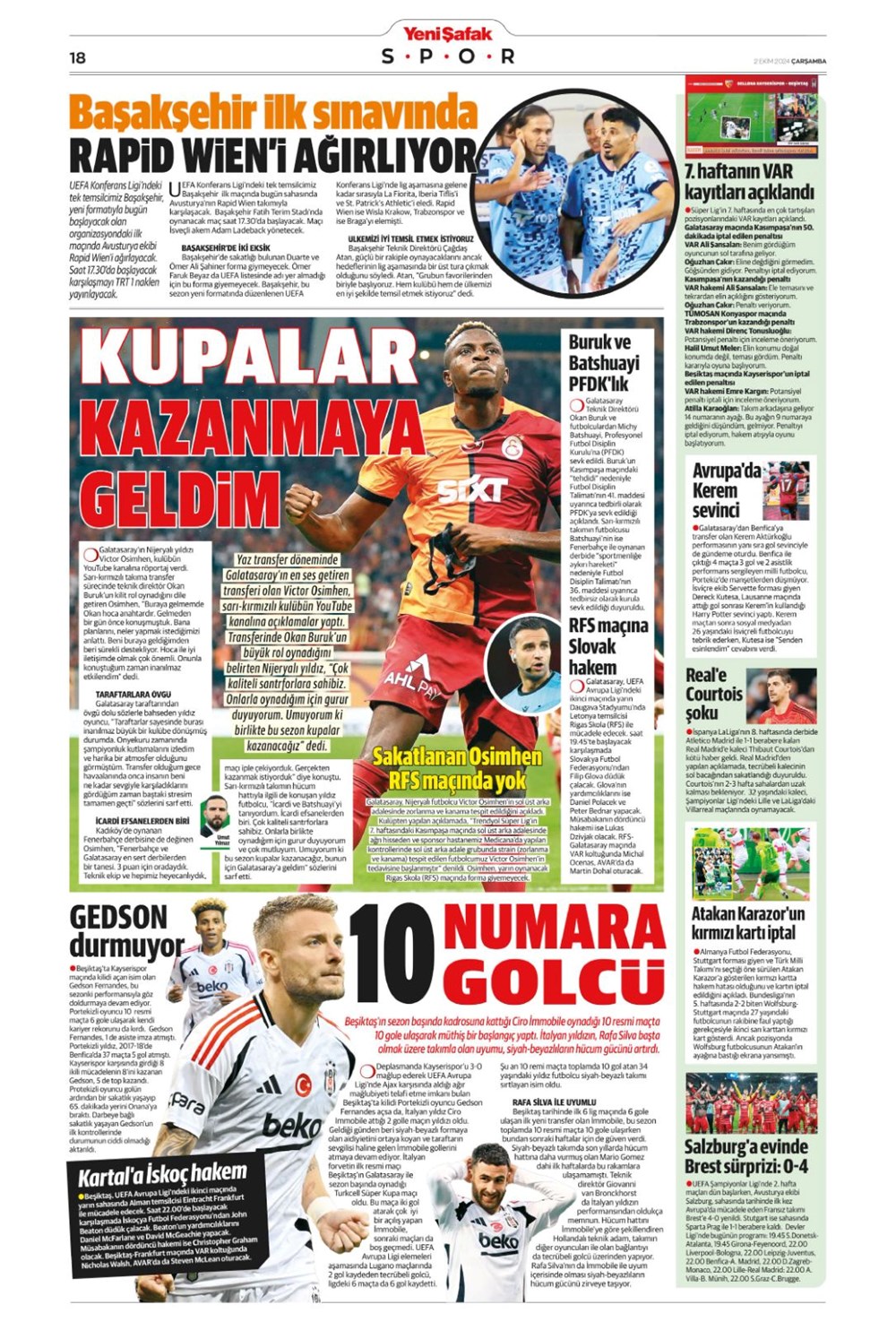 "Bir Mourinho klasiği" (2 Ekim 2024 spor manşetleri) - 17