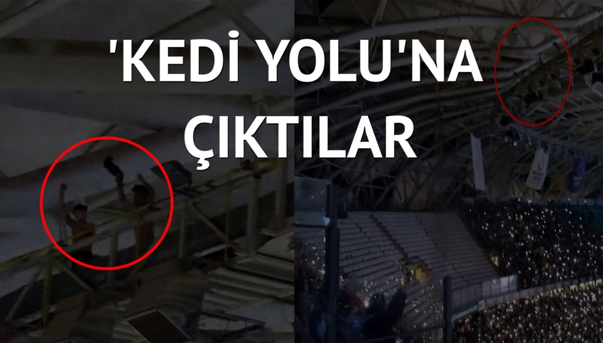 Stadyumdaki konserde metrelerce yüksekte görüntülendiler