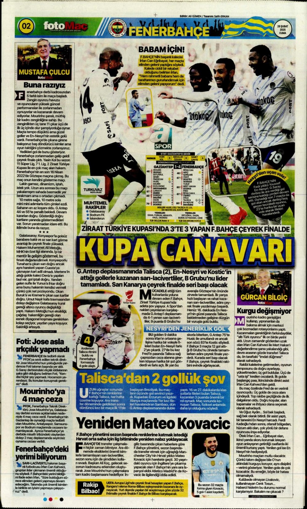 "Çeyrek finalde derbi var" (28 Şubat 2025 spor manşetleri) - 7