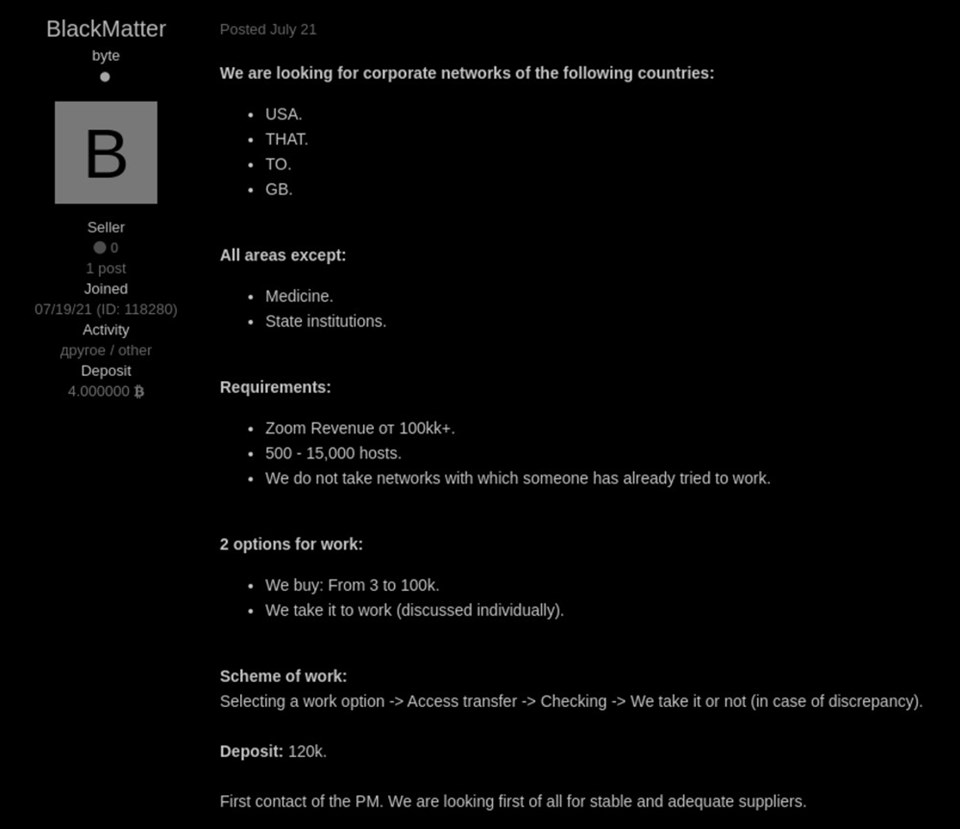 BlackMatter grubunun DarkWeb'de yer alan forumda paylaşım yaptı
